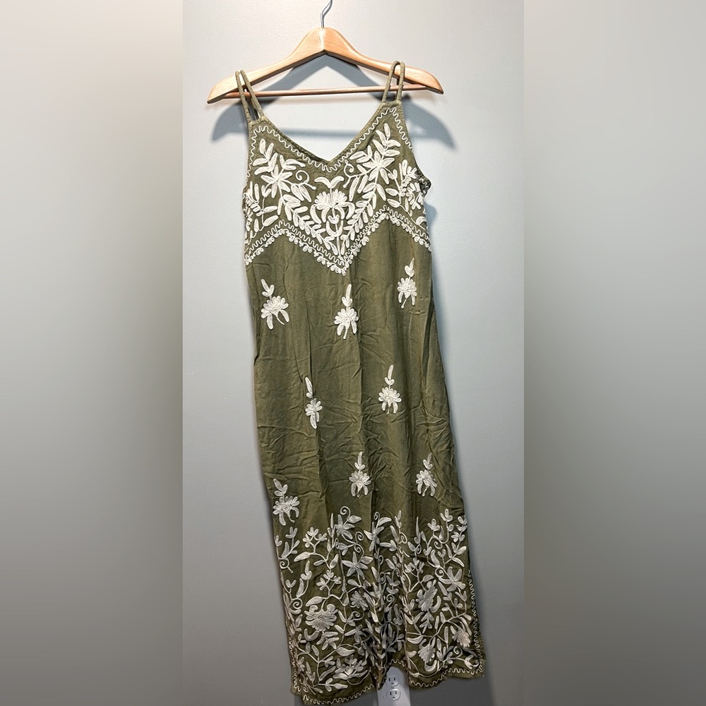 Olive Green Embroidered Maxi Dress - Sleeveless V-Neck